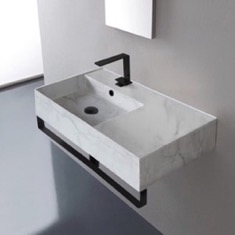 Marble Design Ceramic Wall Mounted Sink With Black Towel Bar